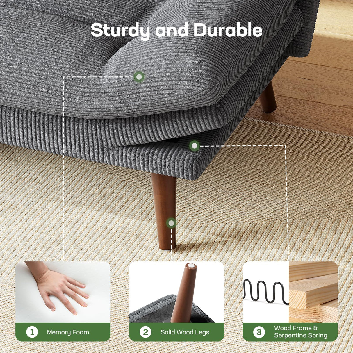 Marsail Futon Sofa Bed, Futon Couch with Adjustable Backrest & Armrests, Convertible Small Sleeper Sofa Bed for Small Apartments, Study Room, Office, Corduroy Loveseat, Dark Grey Marsail