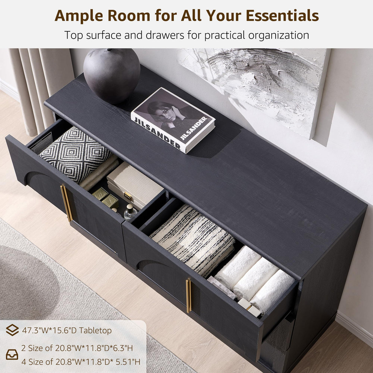 ACCOHOHO Arched Dresser for Bedroom with 6 Drawers, 47.3" Wide Modern Chest of Drawers with Rounded Edge & Metal Handles, Wood Storage Closet Dressers TV Stand for Living Room, Hallway, Black ACCOHOHO