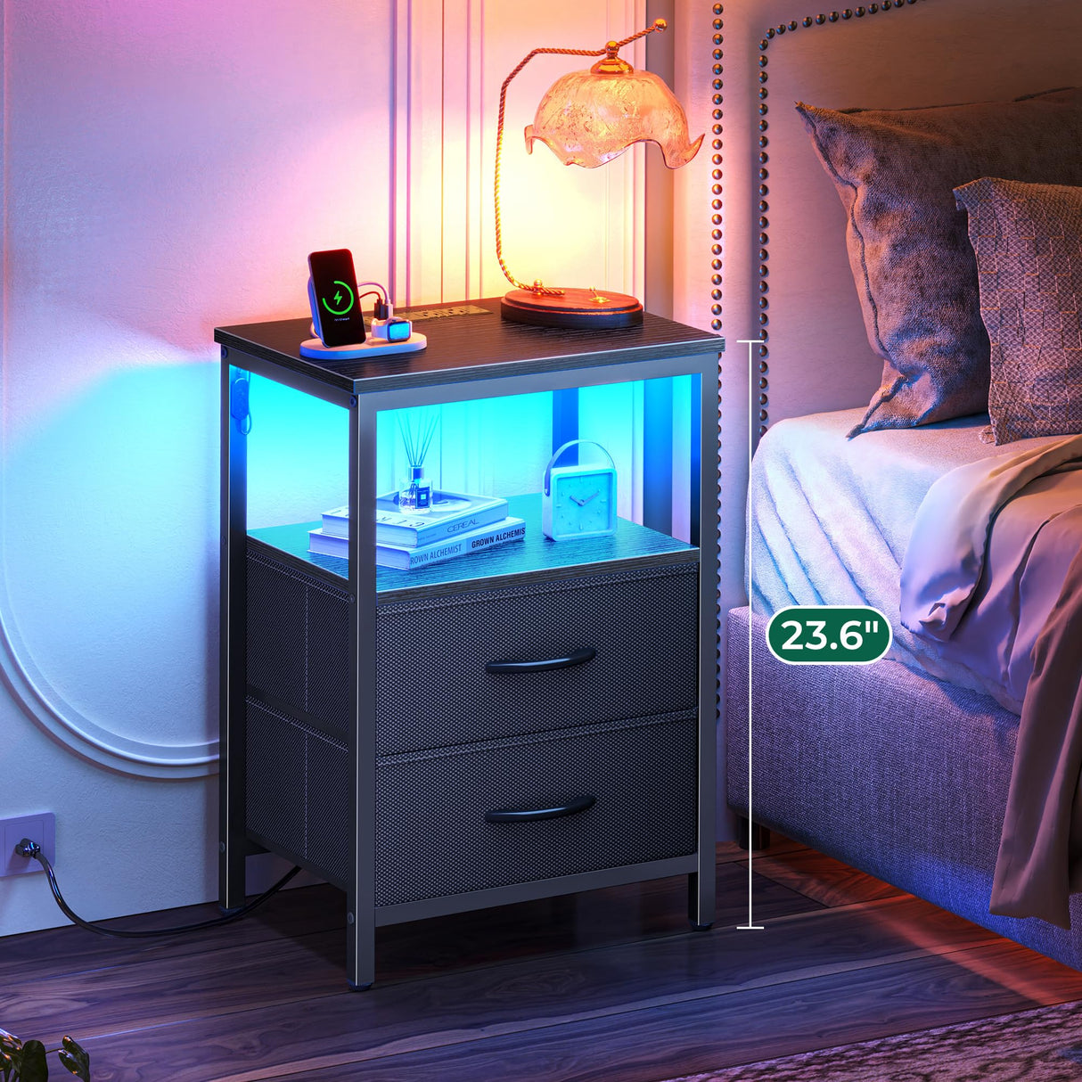 Huuger Night Stand with Charger Station and LED Lights, 2 Drawer Nightstand, Bed Side Table with Open Shelf, End Table, Fabric Dresser for Bedroom, Black Huuger