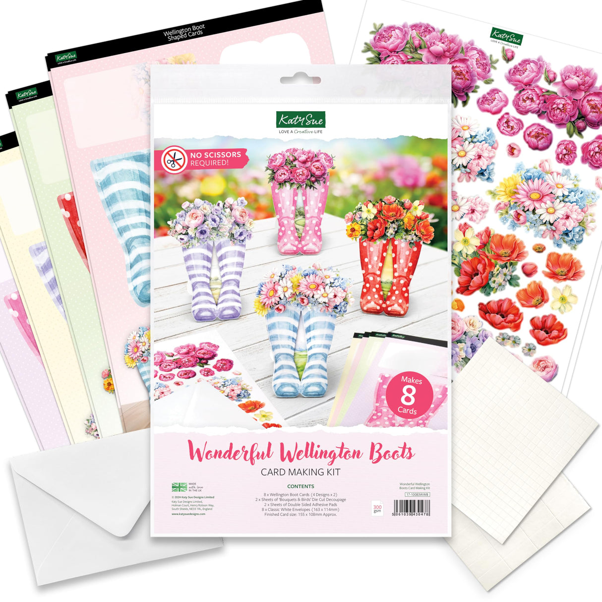 Katy Sue Wonderful Wellington Boots (Rubber Boots) Card Making Kit. 8 Shaped Cards, 2 Sheets of Die Cut Decoupage, 8 Envelopes, Adhesive Pads, & Instructions. for Card Making Supplies & Papercrafting Katy Sue