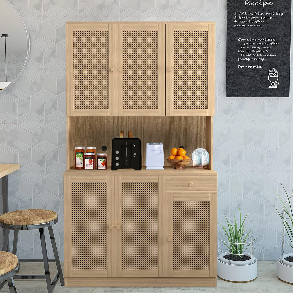 Wirrtory 71” Walnut Rattan Freestanding Kitchen Pantry Cabinet with 6 Doors and Drawer wirrytor