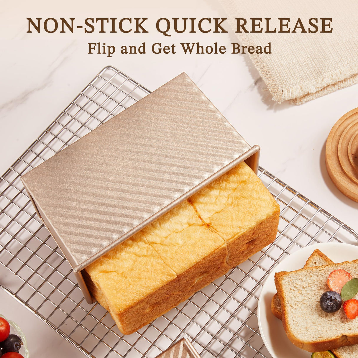 KITESSENSU Pullman Loaf Pan with Lid, 1 lb Dough Capacity Non-Stick Bakeware for Baking Bread, Carbon Steel Corrugated Bread Toast Box Mold with Cover for Baking Bread, Gold KITESSENSU