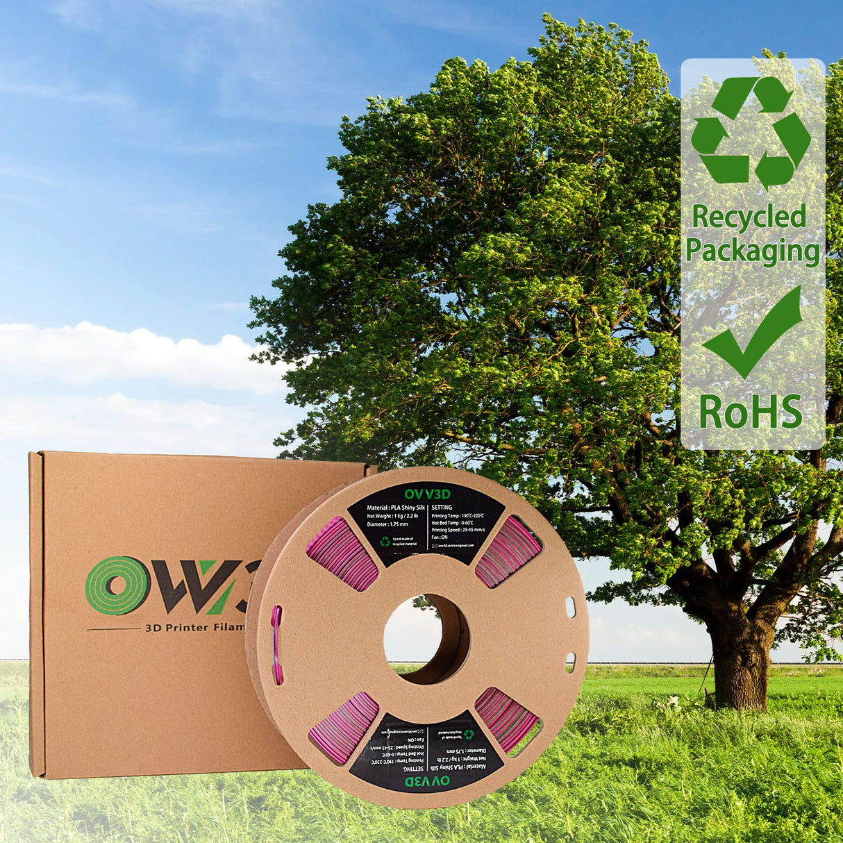 OVV3D Silk PLA Filament, 3D Printer Filament Tri-Colors Coextrusion PLA Filament 1.75mm, Rainbow PLA Filament with Silk PLA Red-Blue-Green, 3D Printing Filament +/-0.02mm, 1kg/2.2lbs OVVNYXE