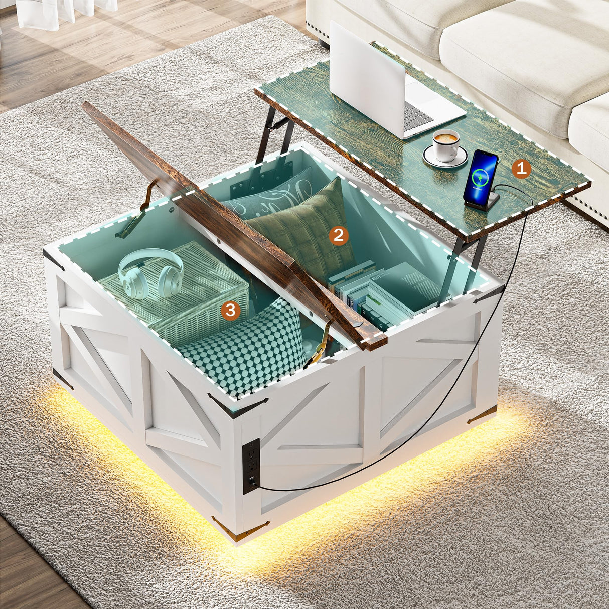 Dutsalrun Lift-Up Coffee Table with LED Storage and Charging Station | Farmhouse Square Lift-Up Table | Living Room Bench with Hidden Storage Dutsalrun