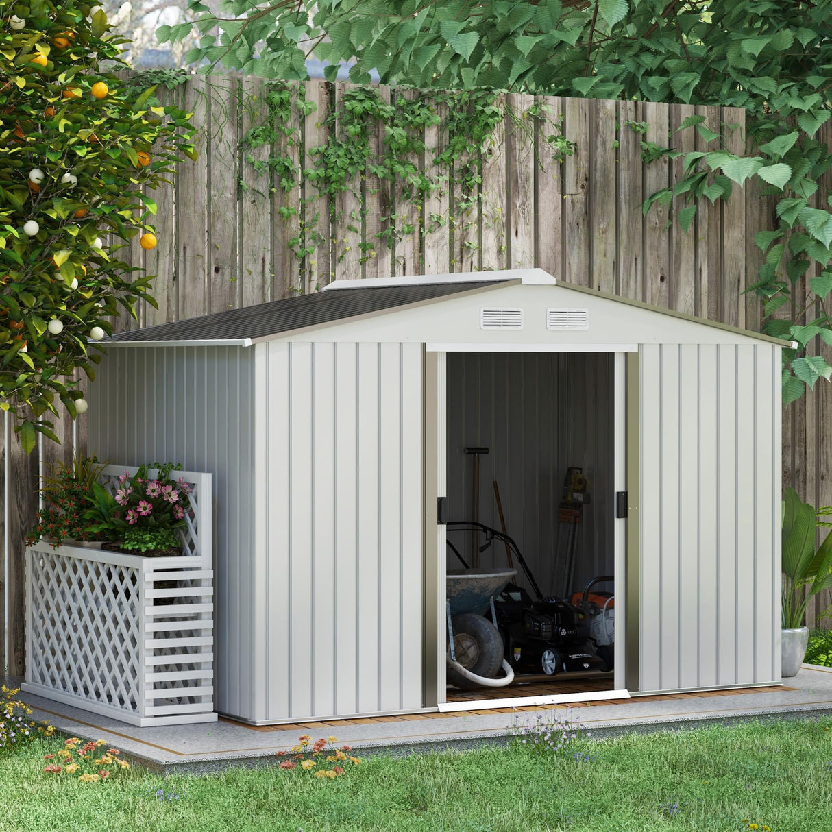 Outsunny 9' x 6' Outdoor Storage Shed, Garden Tool Metal Shed with Foundation Kit, Double Lockable Door, Air Vents and Sloping Roof, for Backyard, Patio, Lawn, Silver Outsunny