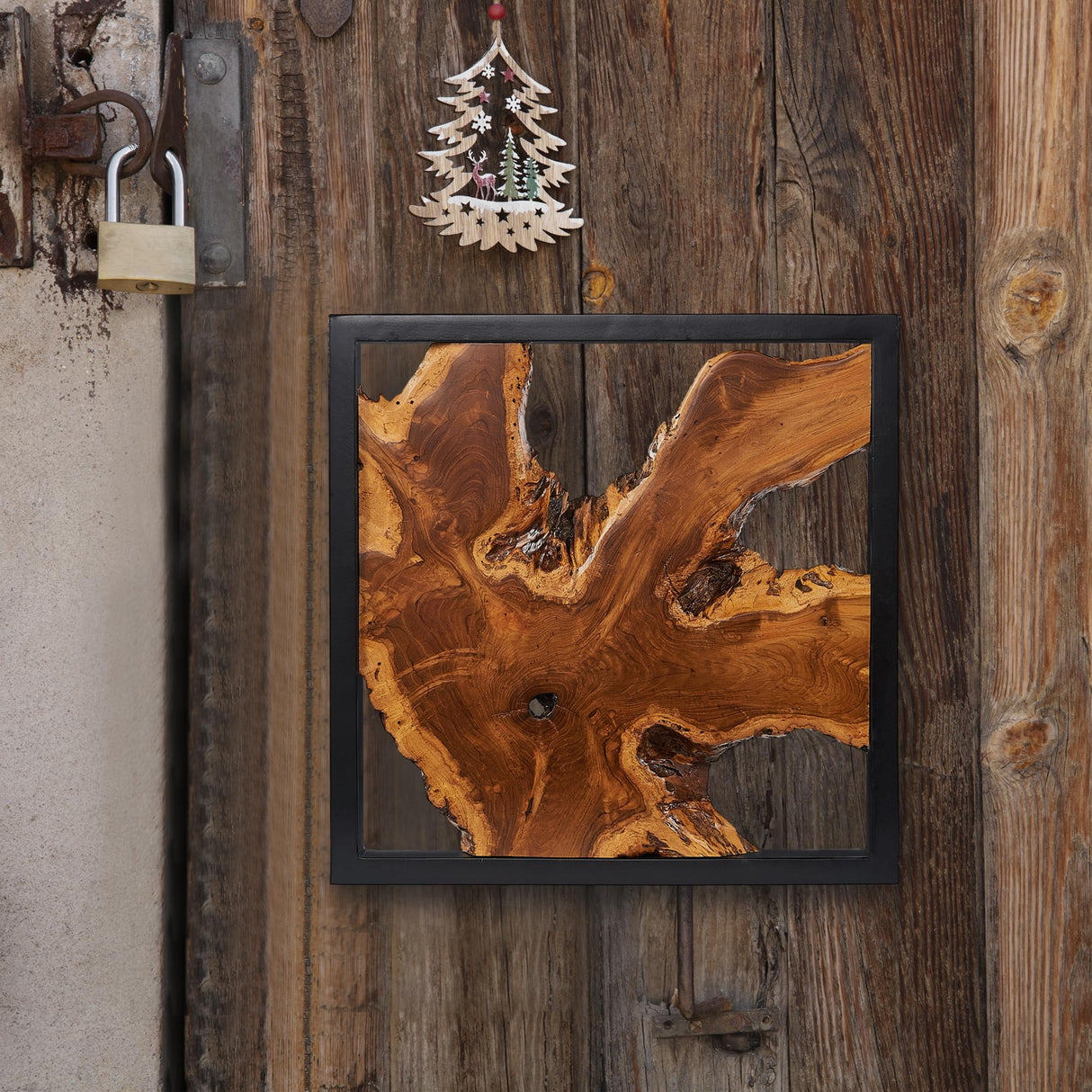 Warmaxx Rustic Teak Wood Wall Decor 17''x17 Farmhouse Live Edge Wall Art Decoration for Home Living Room Bedroom Office Handcrafted Square Wooden Flower Design Wall Décor Warmaxx