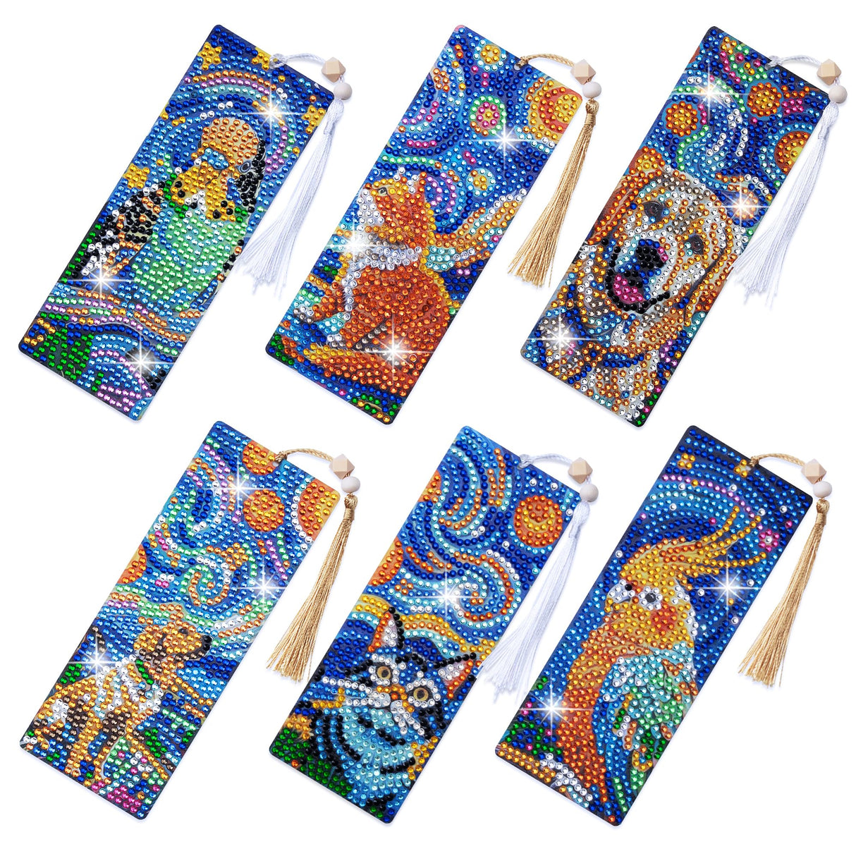 SWATOM 6 Pcs 5D Diamond Painting Bookmarks Starry Night & Animals Acrylic Diamond Art Bookmark with DIY Painting Kits Tassels & Wood Beads Pendant Rhinestone Bookmarks SWATOM