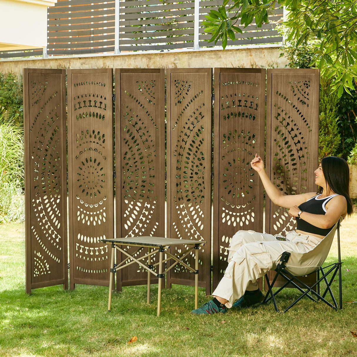 Svimi Room Divider Wood Carved Wall Divider Indoor Folding Bohemian Style Portable Partition Screen for Home Office Garden Terrace - 6 Panels (Brown) Svimi
