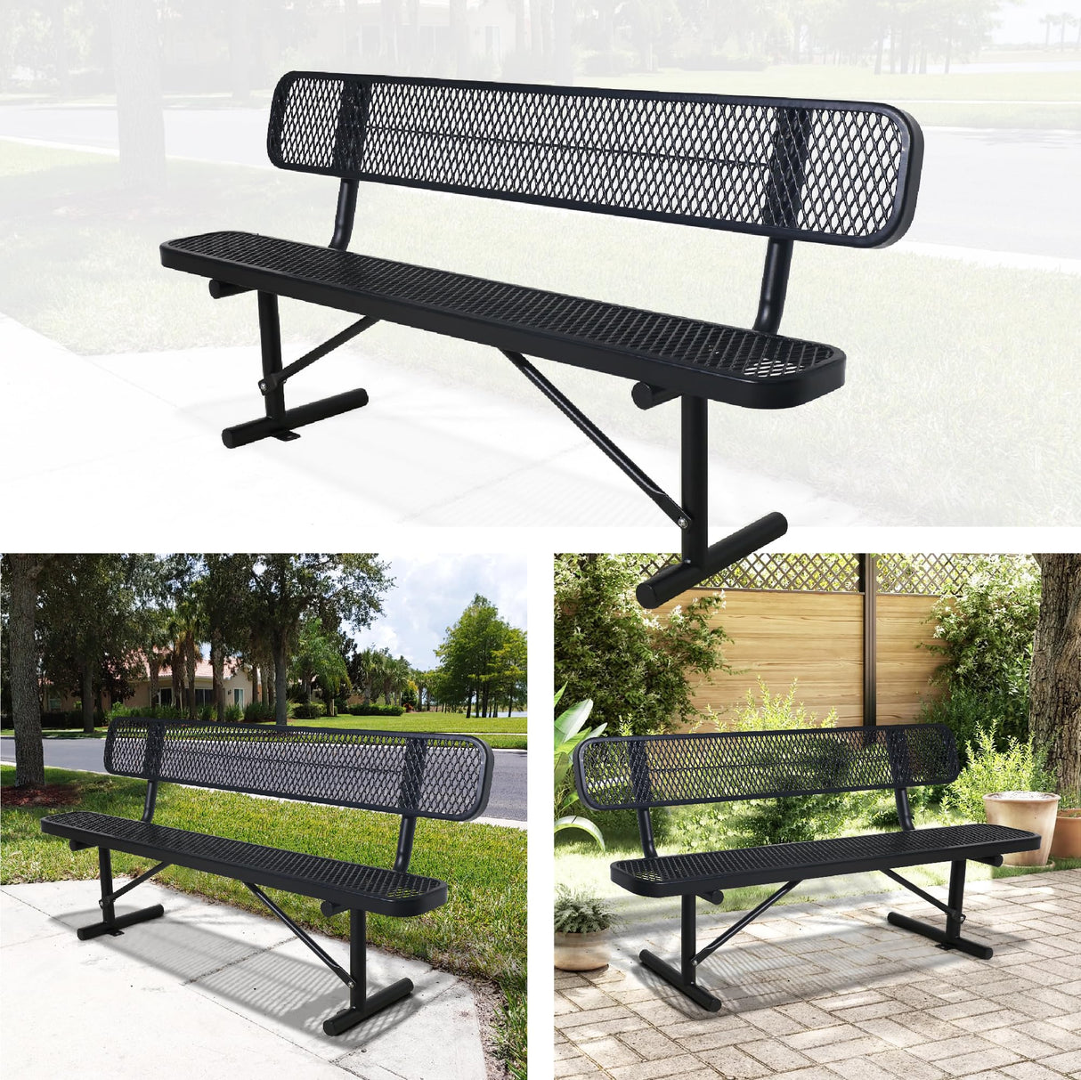 Sunnibety 6 Feet Heavy Duty Metal Park Bench for Outside, Outdoor Bench with Backrest & Portable Frame, Commercial Benches for Shopping Malls, Stores, Parks, Patios, Decks, Black Sunnibety