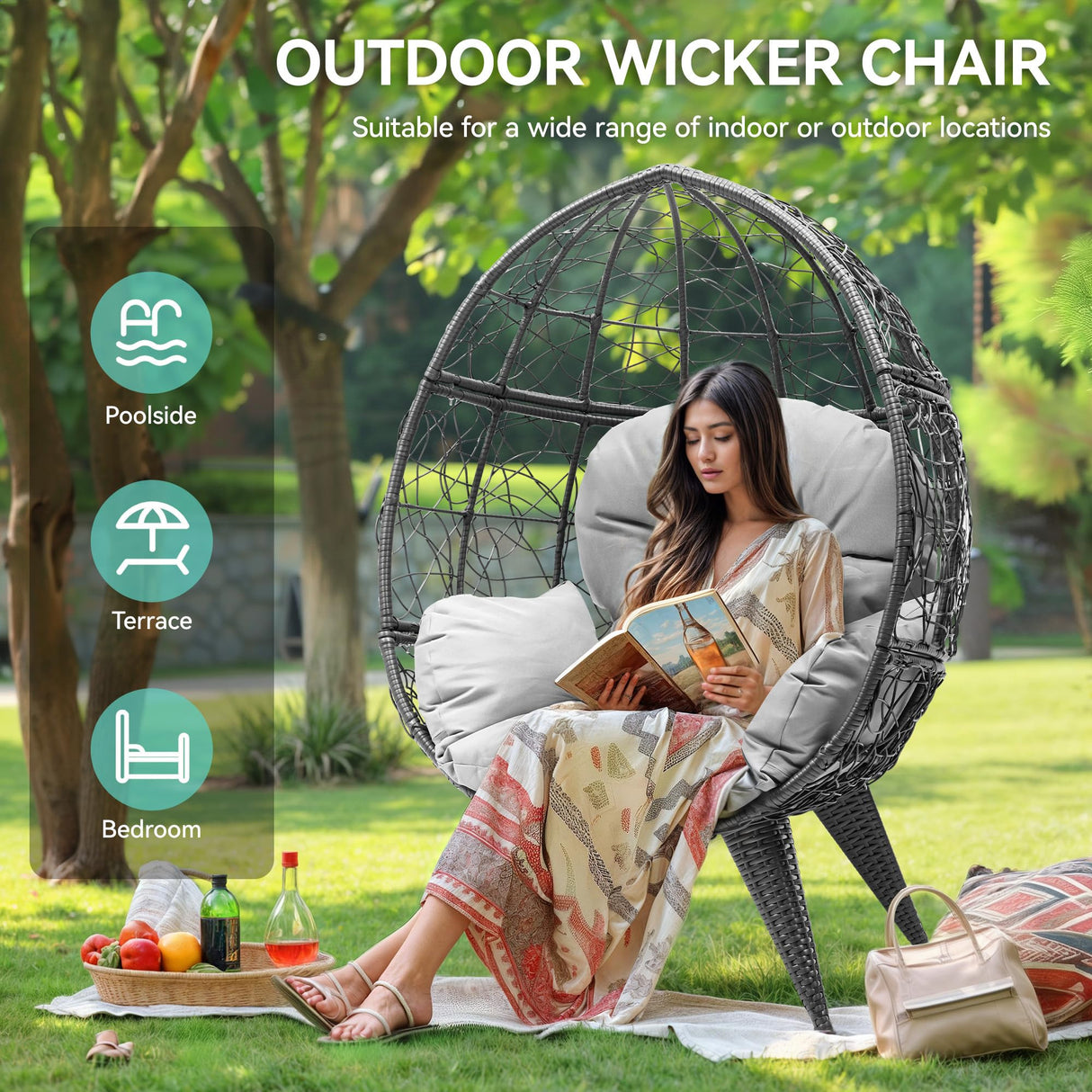 YITAHOME Oversized Wicker Egg Chair for Indoor and Outdoor Use with Stand, Cushion, and Leveling Feet, Large Lounger for Patio, Garden, Backyard, Balcony, Supports up to 330lbs, Grey YITAHOME