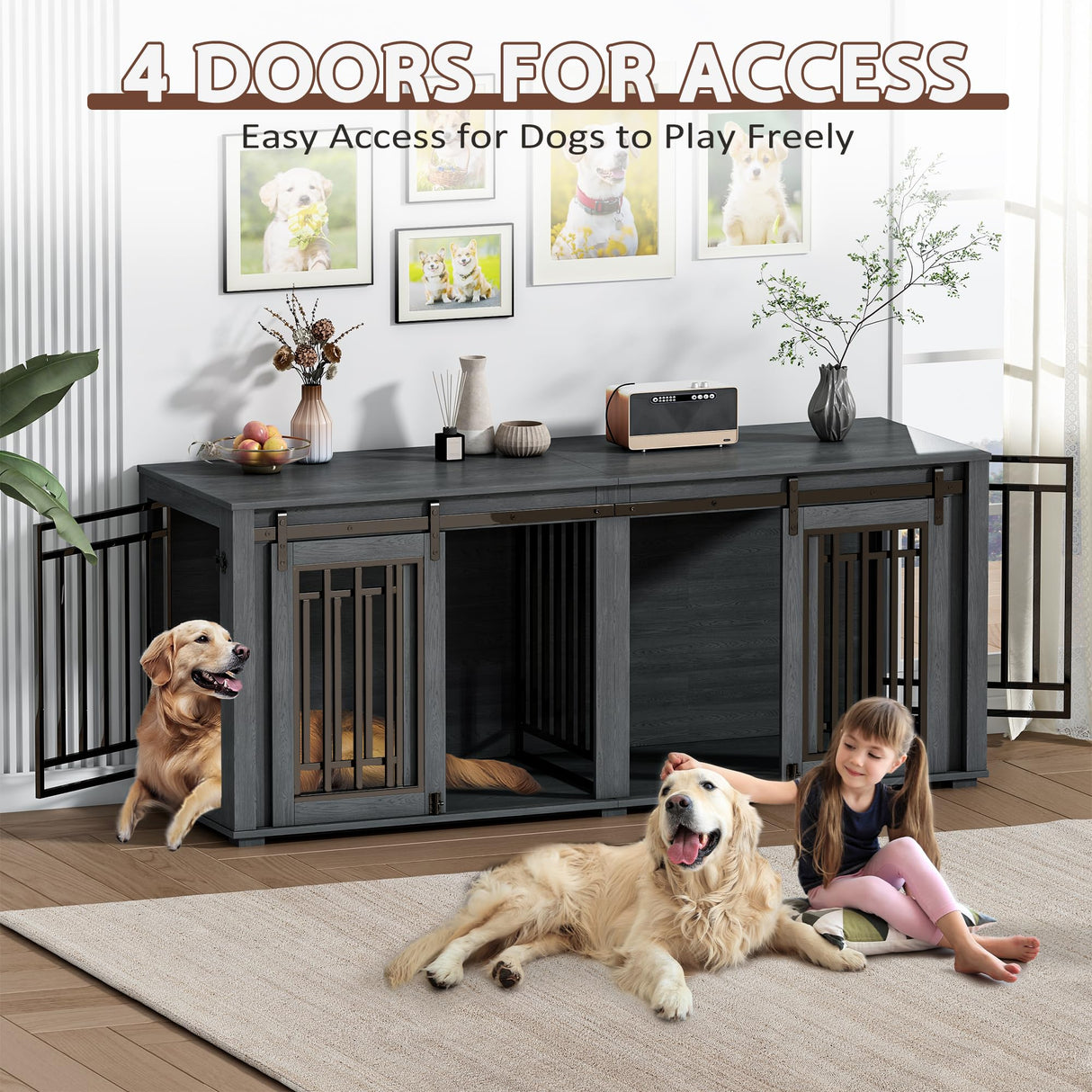 DEYGIA Large Dog Crate Furniture for 2 Dogs, Upgrade 71" Pro XXL Sliding Door Heavy Duty Dog Kennel Furniture with Divider, Steel Frame Indoor Double Dog Crate for Large Medium Small Dogs, Dark Black DEYGIA