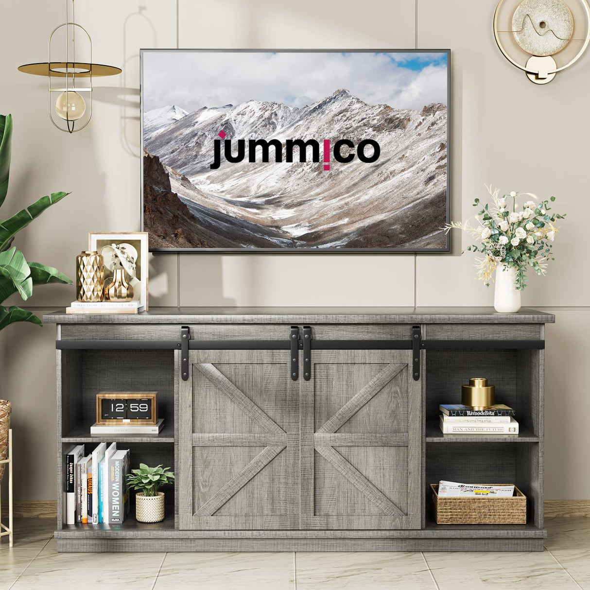 JUMMICO TV Stand for 65 Inch TV, Entertainment Center with Storage Cabinets and Sliding Barn Doors, Mid Century Modern Media TV Console Table for Living Room Bedroom (Pale Gray) JUMMICO