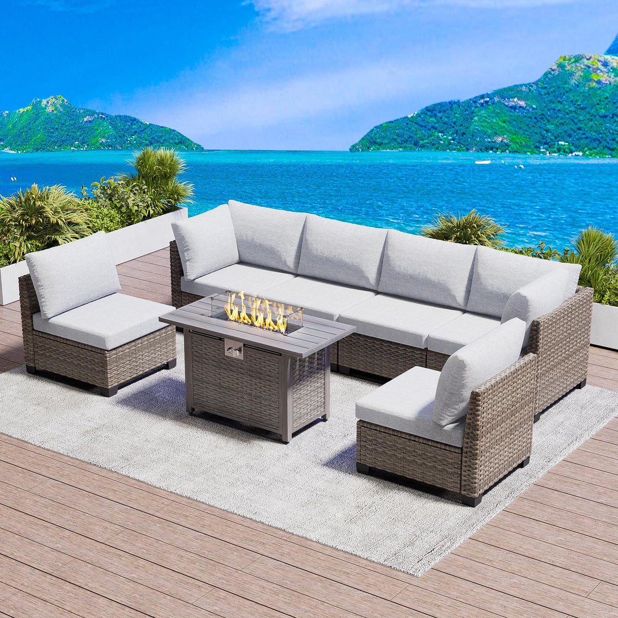 SUNPEAK Patio Furniture Set Q01 Series Sofa 7 Pieces Outdoor Furniture Set Sectional Couch with Fire Pit Table Balcony Furniture Patio Table and Chairs Set with Propane Fire Pit SUNPEAK