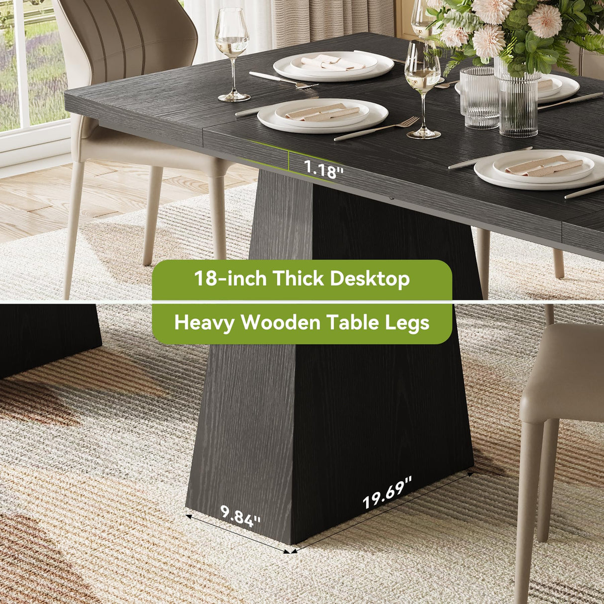 LITTLE TREE Dining Table for 6 People, Wooden Dining Table, Rectangle Table with Heavy Duty Legs, Modern Dining Table for Kitchen, Dining Room, Black LITTLE TREE