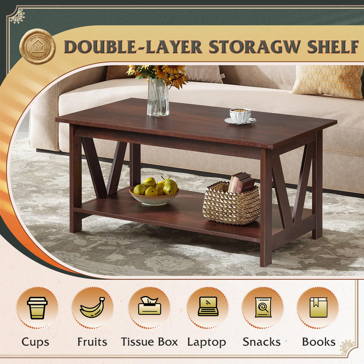 WLIVE Coffee Table with Storage Shelf, 39.4" Farmhouse Coffee Table with V-Frame Support, 2-Tier Wood Rustic Center Table for Living Room, Bedroom & Balcony, Espresso WLIVE