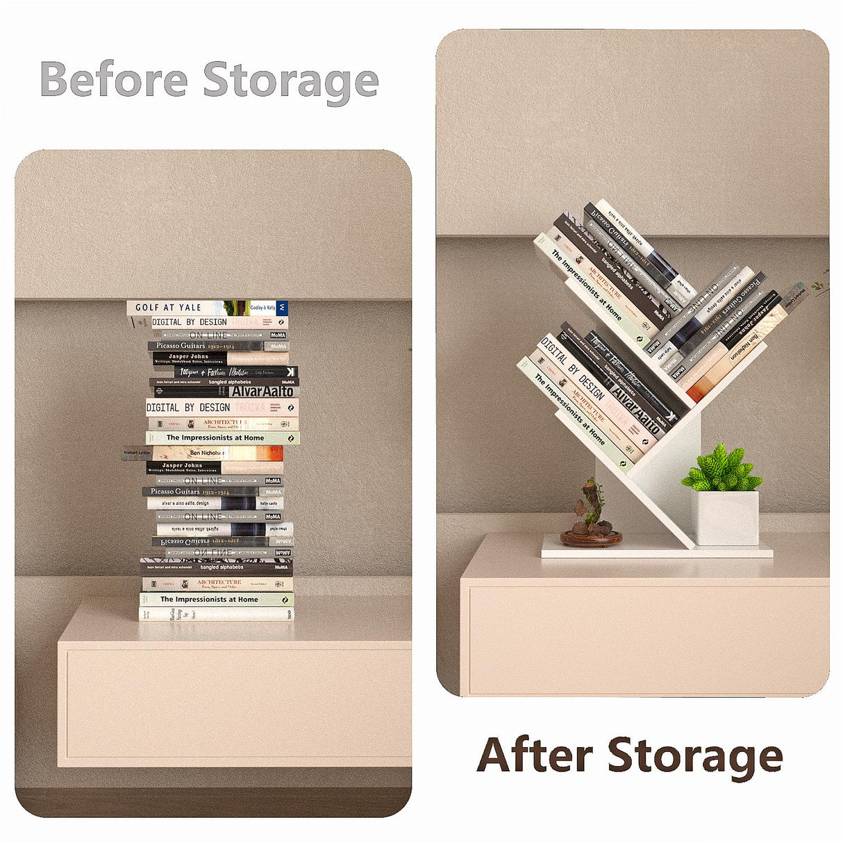 R RUISHENG 3 Tier Small Tree Bookshelf Storage Organizer Shelves Floor Standing Bookcase Desk Wood Storage Rack for Home Office Living Room Bedroom Display for Book Magazine CD manga Warm White R RUISHENG