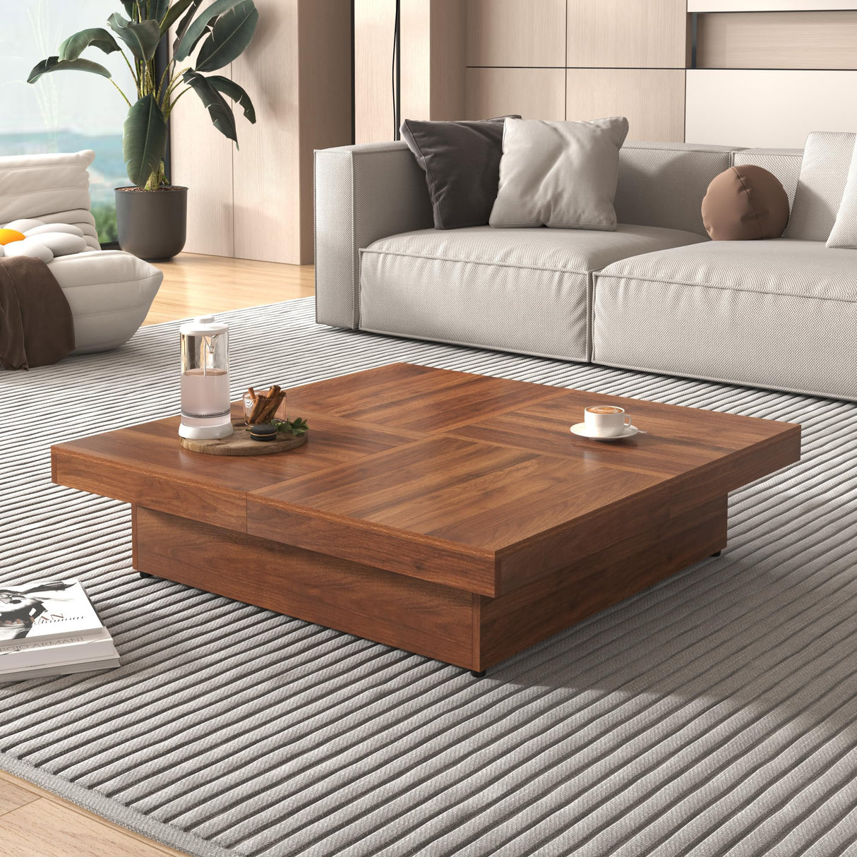 RuiSiSi Square Marble Veneer Coffee Table with Sliding Top and Storage Space, Solid Wood Coffee Table for Living Room, Walnut RuiSiSi