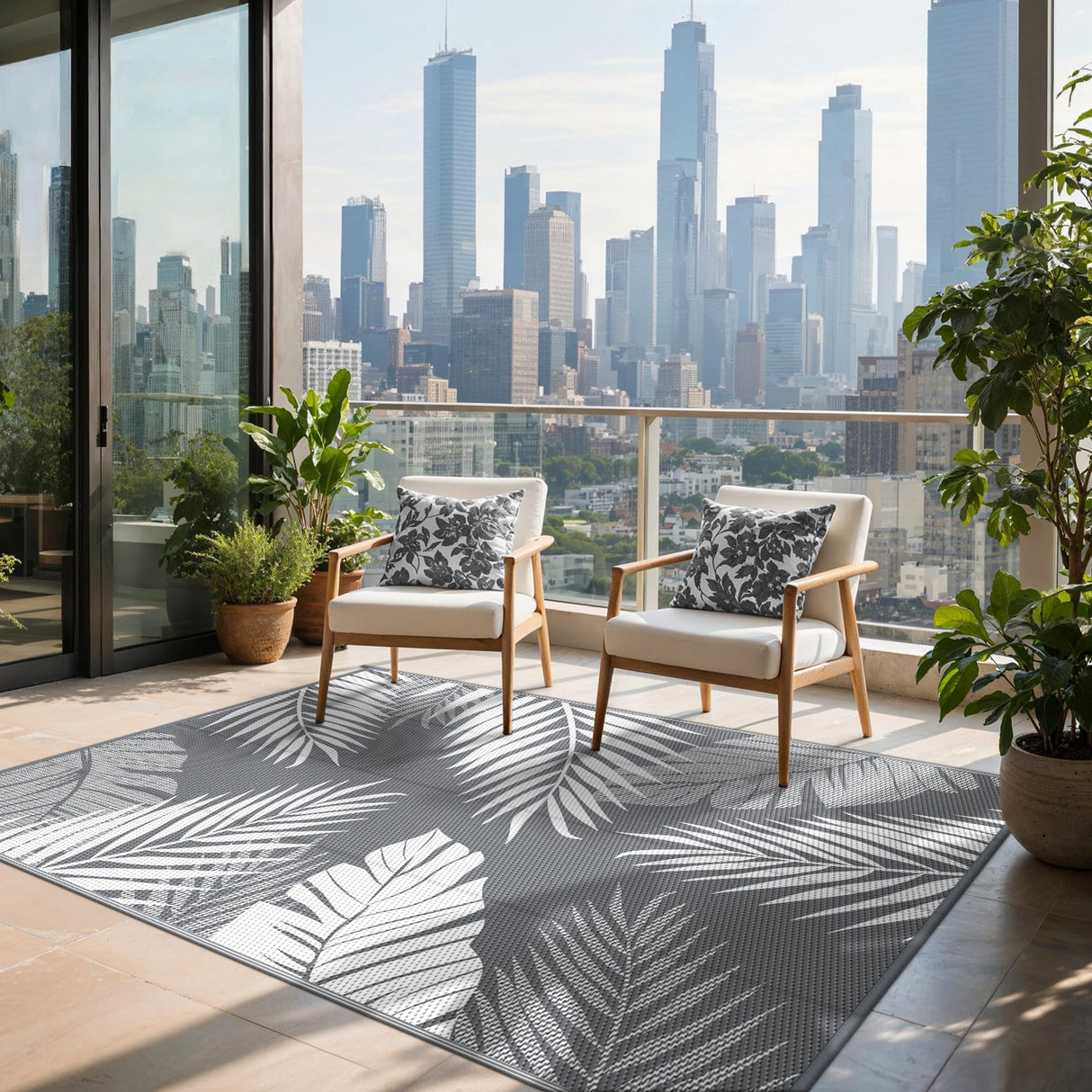 sarben Outdoor Rug 4’x6’ Waterproof for Patio Clearance, Reversible Indoor Outdoor Plastic Straw Camping Rug Carpet, RV Mat, Large Area Rug for Deck, Backyard, Balcony, Porch, Beach, Grey & White sarben