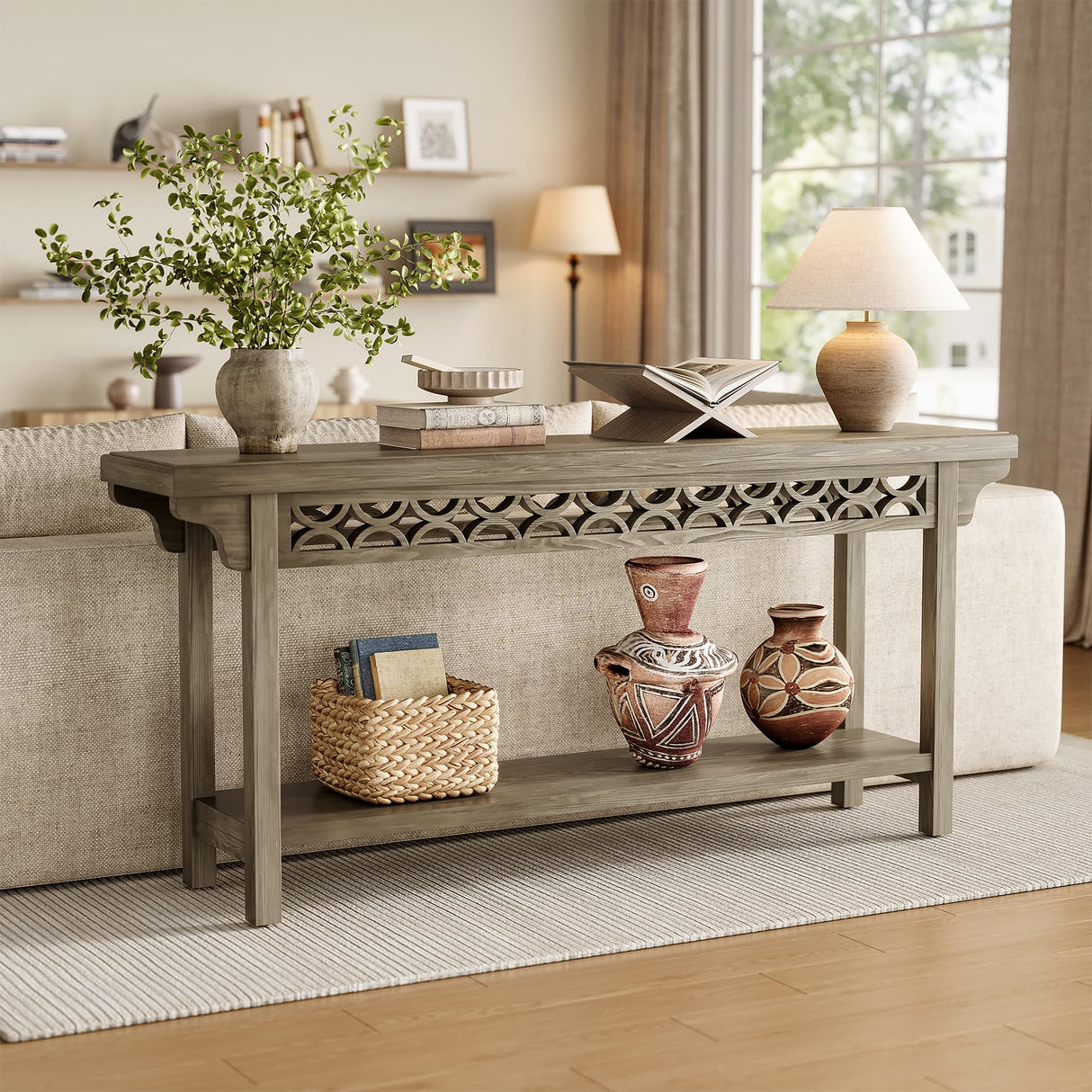 LITTLE TREE 70.87-Inch Long Console, Solid Wood Farmhouse Narrow Entryway Table with Shelf, Rustic Sofa Table for Living Room, Hallway, Grey LITTLE TREE