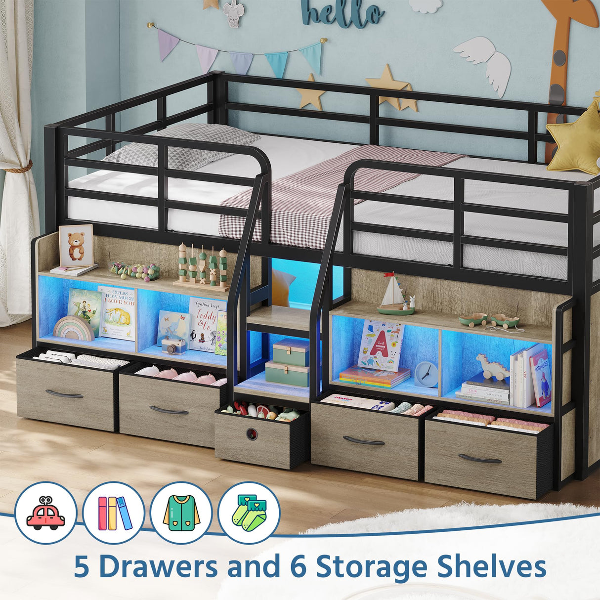 BYSAUD Twin Loft Bed, Low Loft Bed Twin with 5 Drawers, 6 Storage Bookcase & Under-Bed Play Space, Loft Beds for Kids with LED Lights & Charging Station, 15.8" H Safety Guardrails, Oak Gray BYSAUD