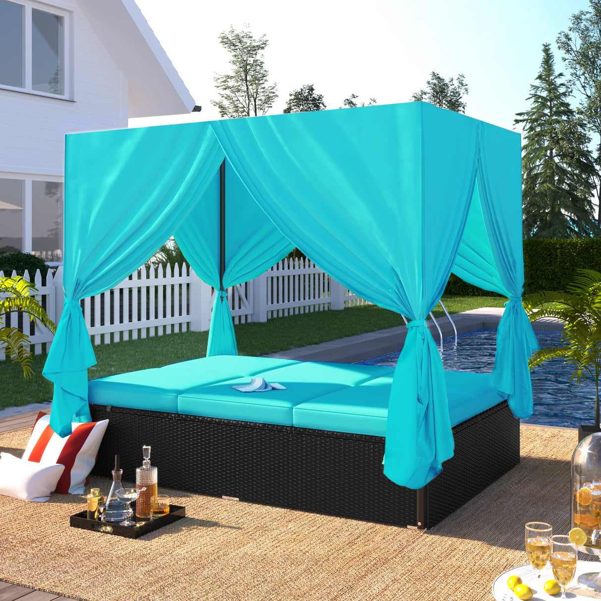 Patio Chaise Lounge, PE Rattan Outdoor Patio Wicker Sunbed Daybed with Adjustable Seats, Four-sided Canopy, Overhead Curtain and Blue Cushions for Backyard, Garden, Poolside (for 2-6 people) Harper & Bright Designs