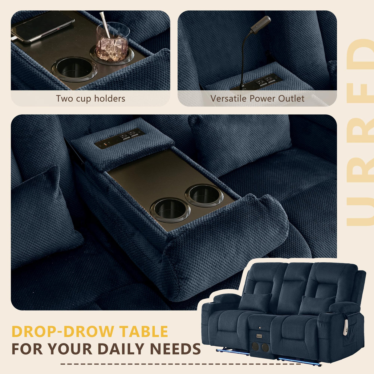 URRED Power Loveseat Recliner Sofa with Flipped Backrest Console, Wall Hugger RV Reclining Loveseat Sofa Couch with LED Light/Bluetooth Speakers/USB/Outlets/Cup Holders/Pillow/Side Pocket, Blue URRED