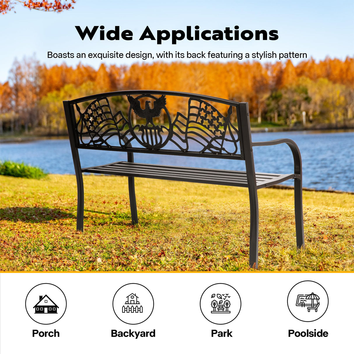 VIVOHOME 50 Inch Outdoor Garden Bench Cast Iron Metal Frame Patio Park Benches for Porch Yard Lawn with Pattern Backrest VIVOHOME
