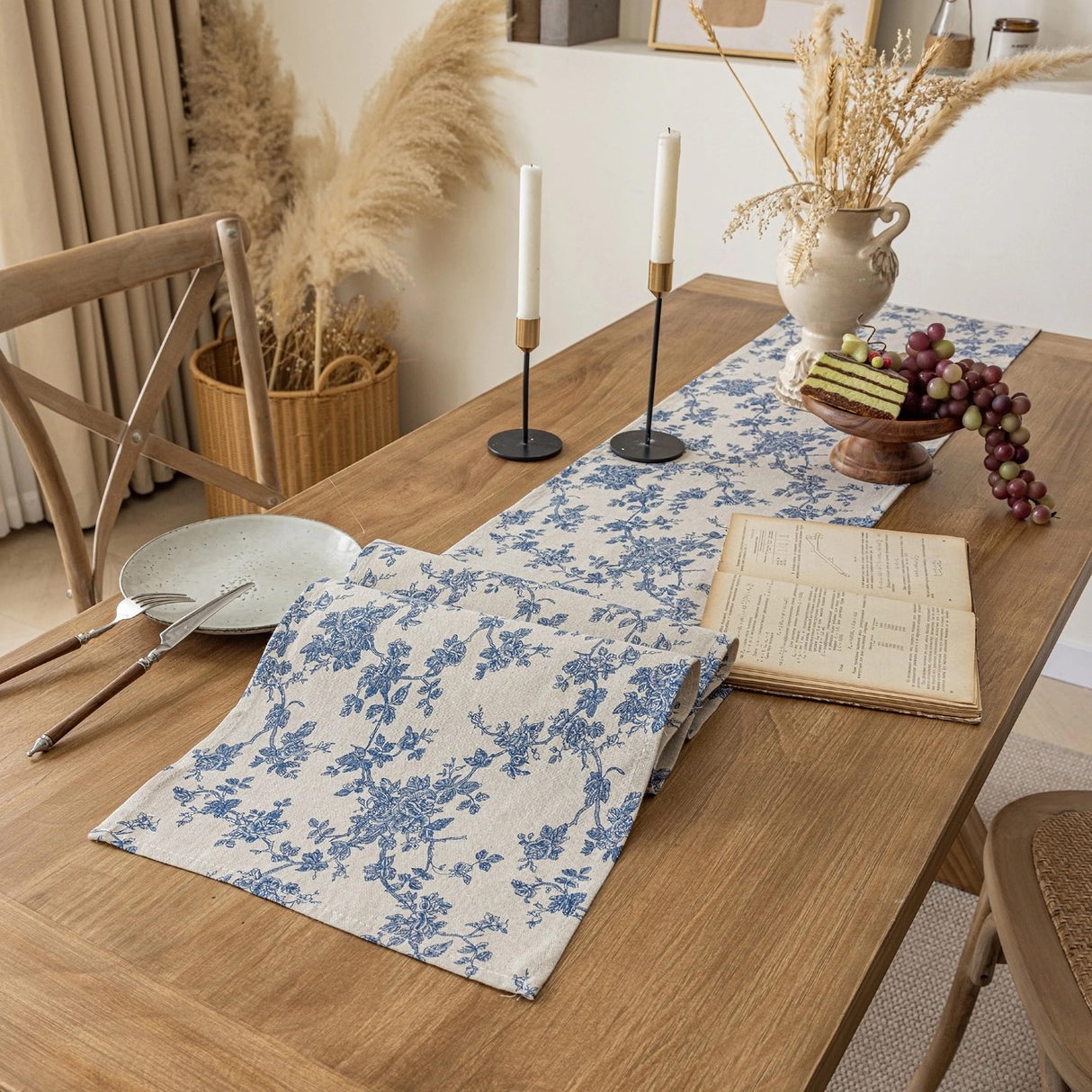 Pastoral Table Runner - 14 x 72 Inch Rectangle - Beige Linen - Washable Tabletop with Dust-Proof Wrinkle Resistant for Restaurant, Picnic, Indoor and Outdoor Dining, Floral (Dark Blue) YiHomer