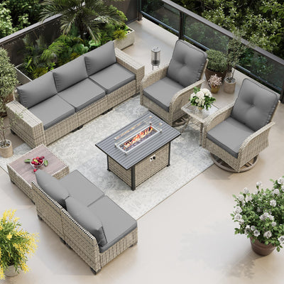 Muphyers 10-Piece Outdoor Patio Furniture Set with Rocking Swivel Chair, PE Wicker Rattan Sectional Sofa Patio Conversation Set with 55,000 BTU Fire Pit Table & Coffee Table, Grey