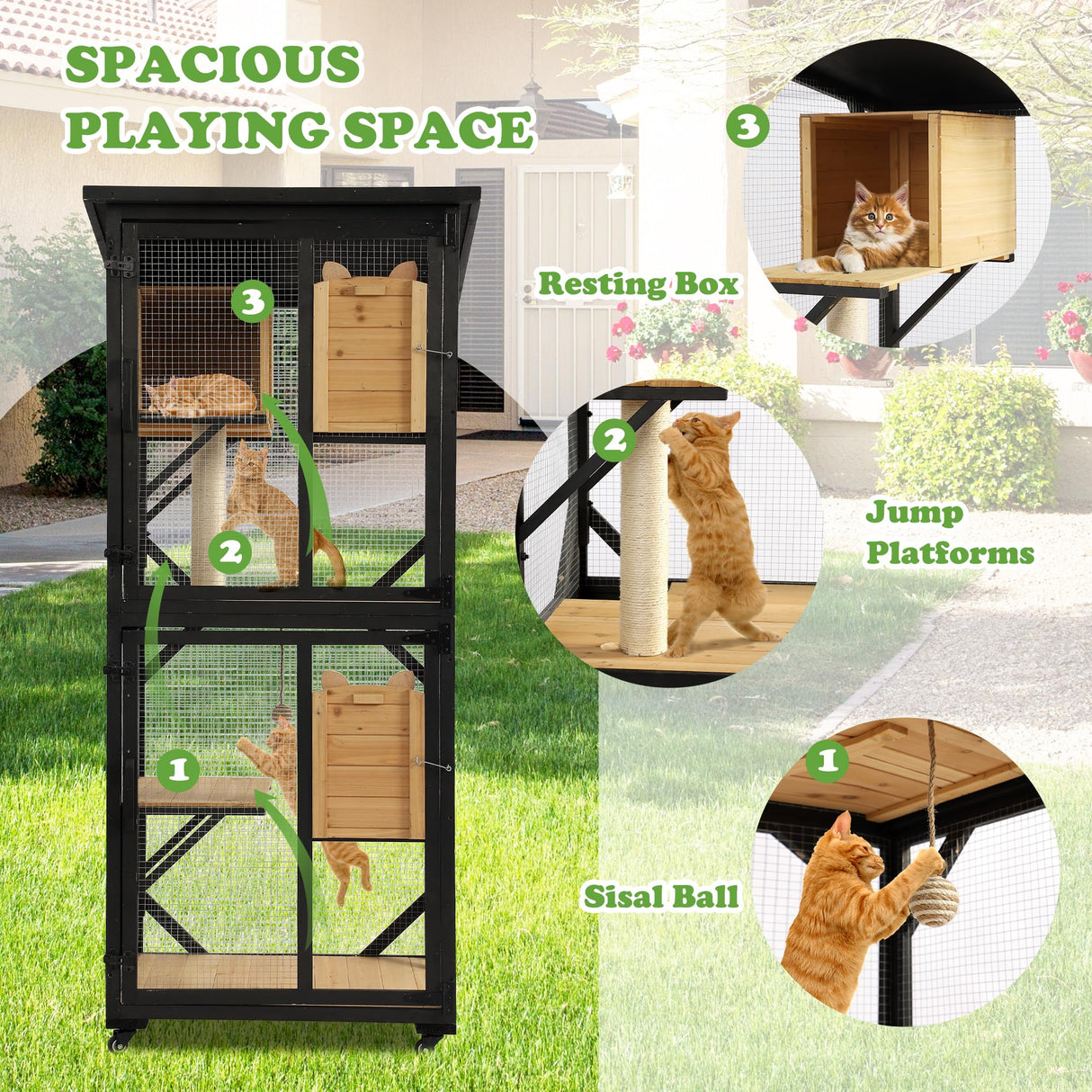 Grepatio Catio Outdoor Cat Enclosure Outside Wooden Cat House with Weatherproof Large Cat Cage Condo Outdoor Playpen with Platform and Sleep House Cat Scratching Board & Ball (Black) Grepatio