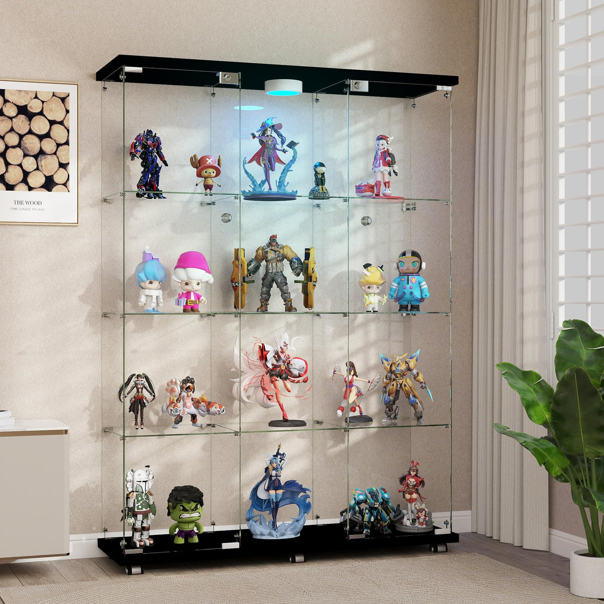 HAMBING Glass Display Cabinet with LED Light & Lock, 4 Shelves 3-Column Display Showcase, 2 Side Doors and Open Center Column, Tempered Glass Curio Cabinet for Bedroom, Living Room - Black HAMBING