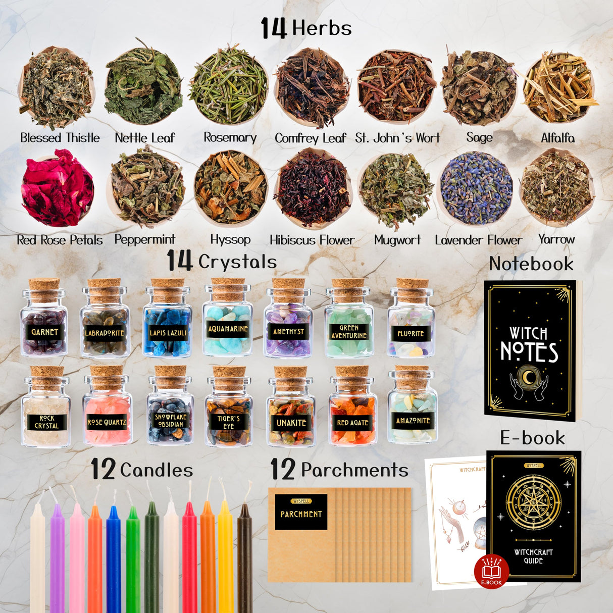 Witchcraft Supplies Kit for Witch Altar 54PCS - Spell Candles for Witches - Crystals Spell Jars for Witches - Herbs for Spells - Beginner Witch Starter Box - Witchcraft Kit Wyspell