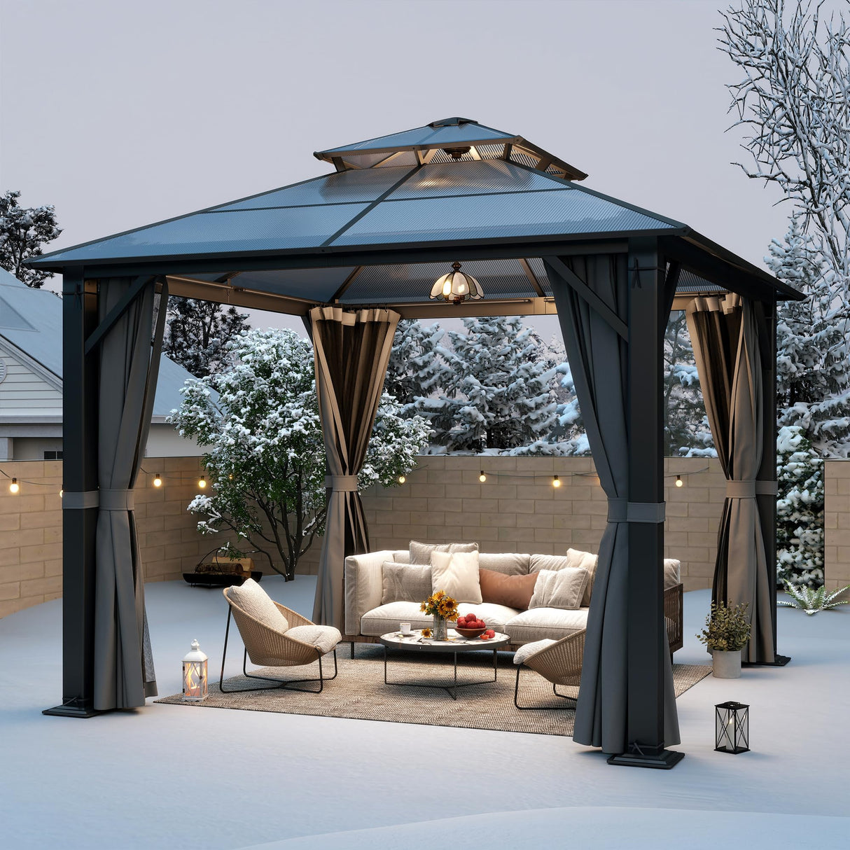 GARTOO 10x10FT Polycarbonate Hardtop Gazebo with Double Roof - Heavy-Duty Steel Frame Gazebo with Breathable Netting & Privacy Curtain for Patio, Porch, Garden, Lawn, Deck, Backyard GARTOO