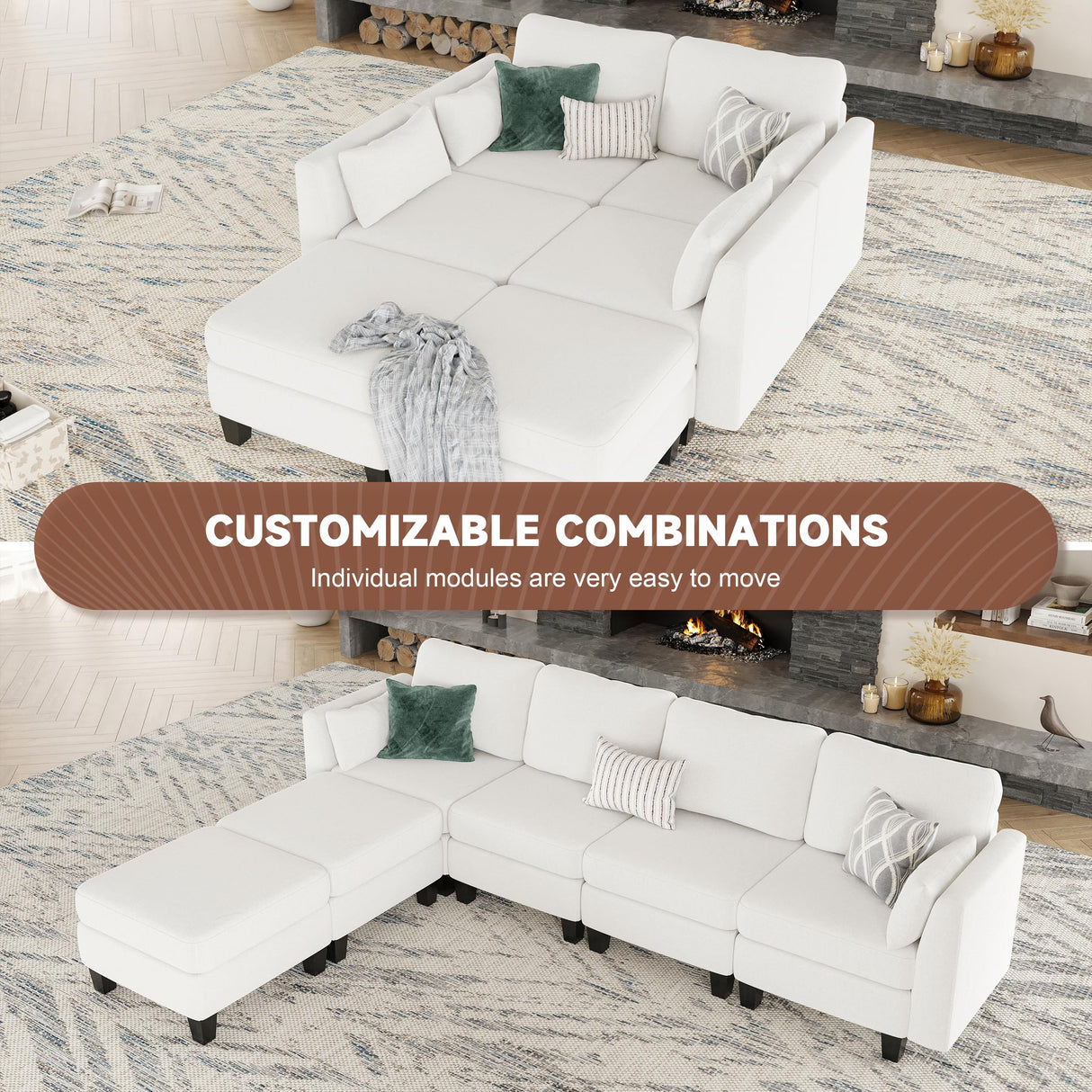 Huatean Home Modular Sectional Sofa, Convertible U Shaped Sofa Couch with High Density Memory Foam, 6 Seat Comfy Modular Sofa Couch for Living Room, Modern U Shaped Sectional Sofa, White Huatean Home