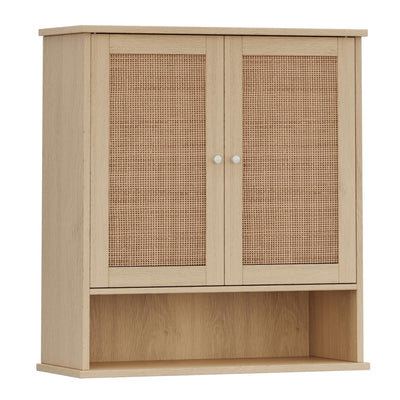Reettic Rattan Two Door Wall Cabinet, Wooden Medicine Cabinet, Wall Mounted Bathroom Storage Cabinet with Inner Adjustable Shelf, for Bathroom, Kitchen, Entryway, Natural BMGZ103M