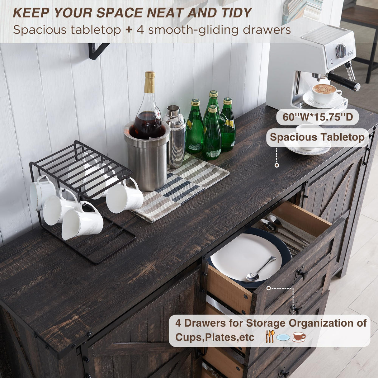 T4TREAM 60-Inch Farmhouse Buffet Cabinet with Sliding Barn Doors and 4 Drawers in Antique White T4TREAM