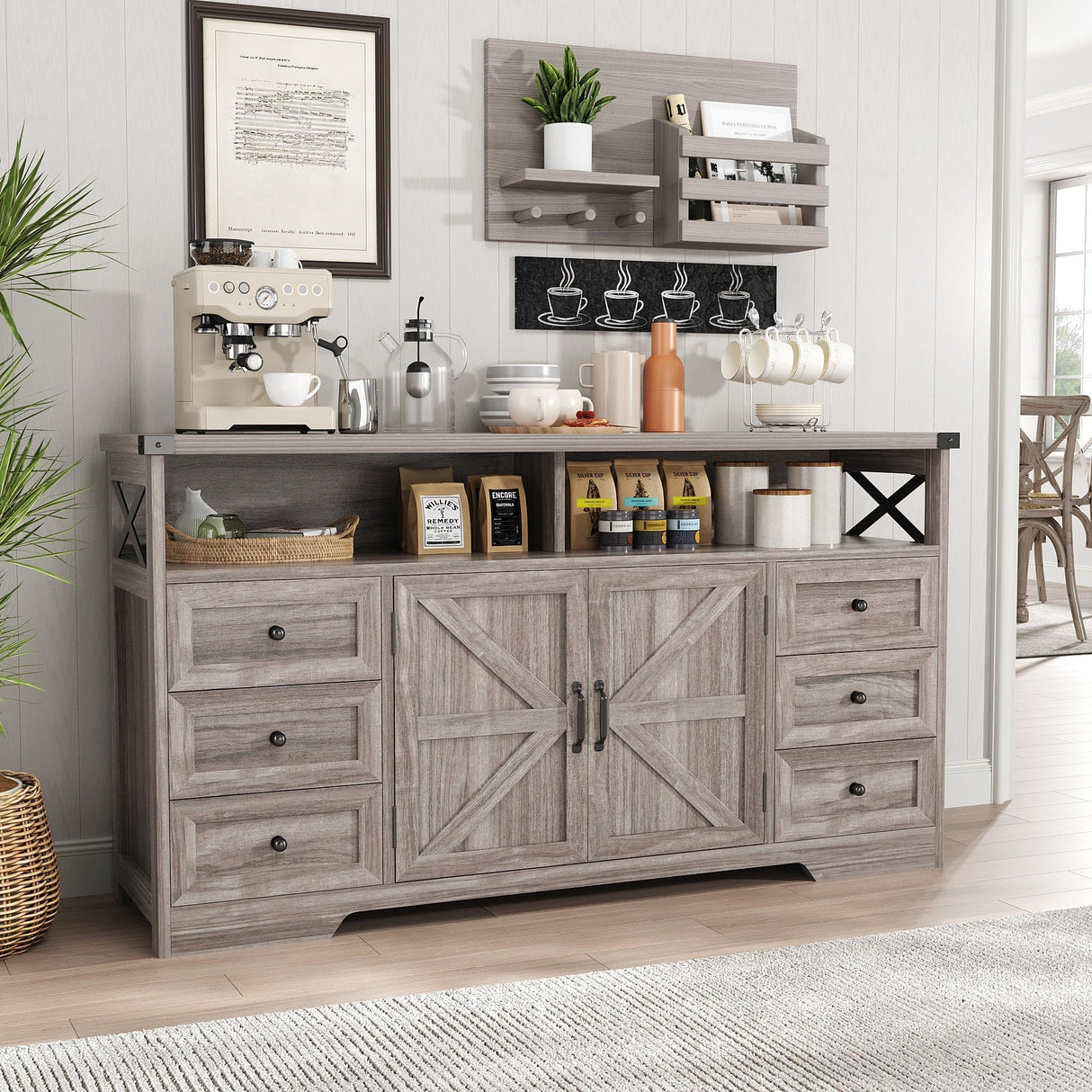Maupvit 59" Buffet Cabinet with Storage, Farmhouse Sideboard Cabinet with 6 Drawers and Open Shelves, Adjustable Shelf, Large Coffee Bar Station Table for Kitchen, Dining, Living Room, Grey Maupvit