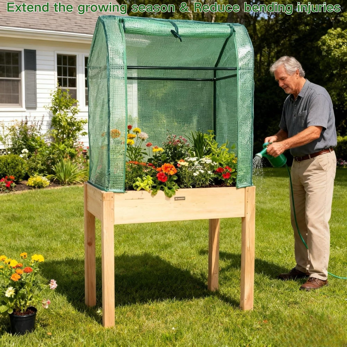 ZSYWODFO Raised Garden Bed with Greenhouse Cover,Elevated Wood Planter Box with Legs & Non-Woven Liner,34" L x18 W x 66" H Indoor Outdoor Gardening Bed for Vegetables, Herbs, Flowers ZSYWODFO