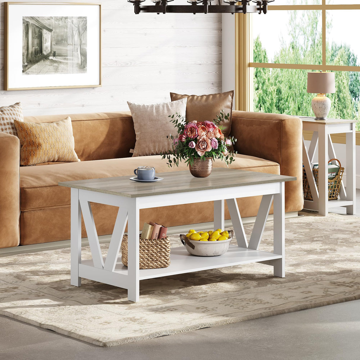WLIVE Coffee Table with Storage Shelf, 39.4" Farmhouse Coffee Table with V-Frame Support, 2-Tier Wood Rustic Center Table for Living Room, Bedroom & Balcony, Greige & White WLIVE