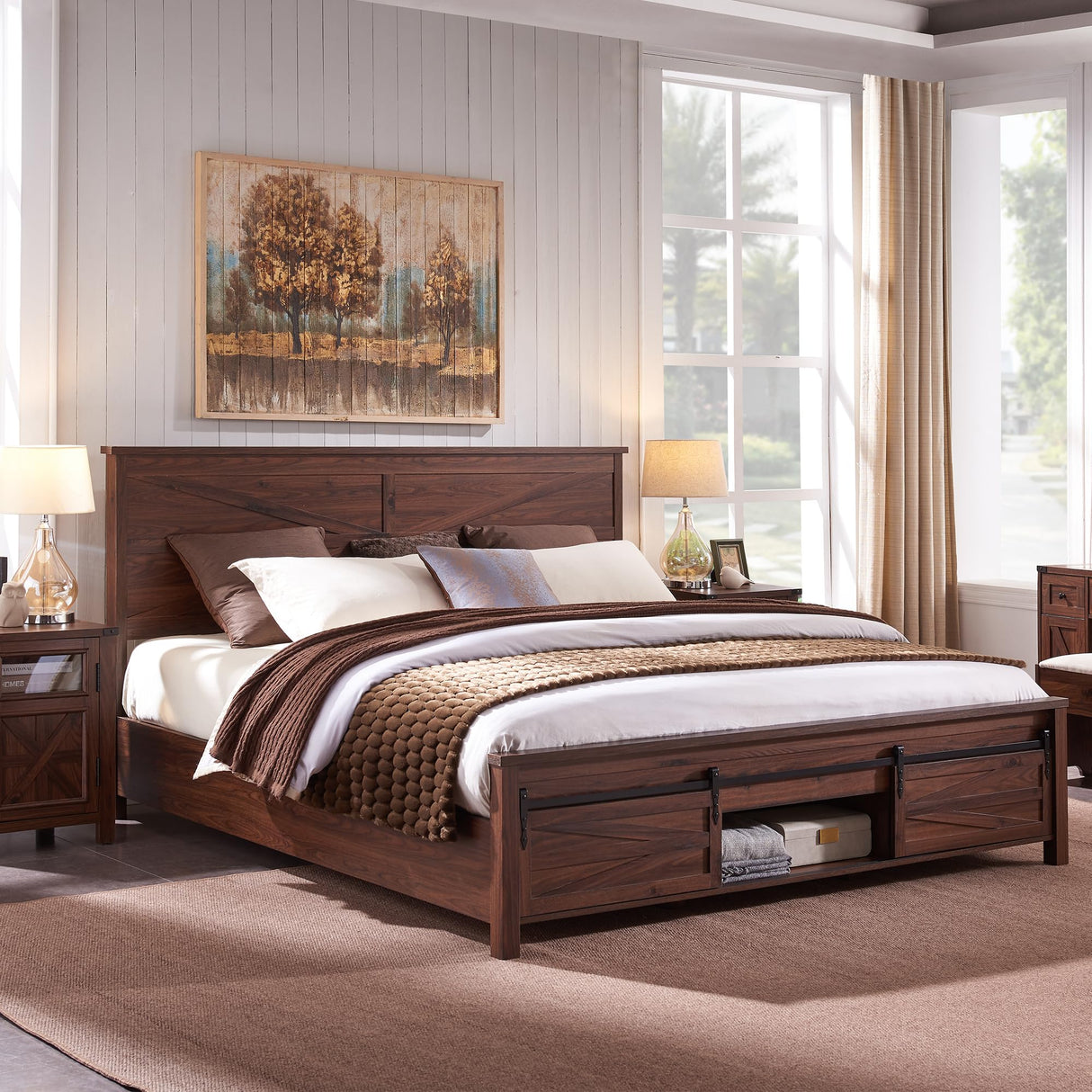 Farmhouse King Bed Frame with Sliding Barn Door Storage and Solid Wood Support, Brown JXQTLINGMU