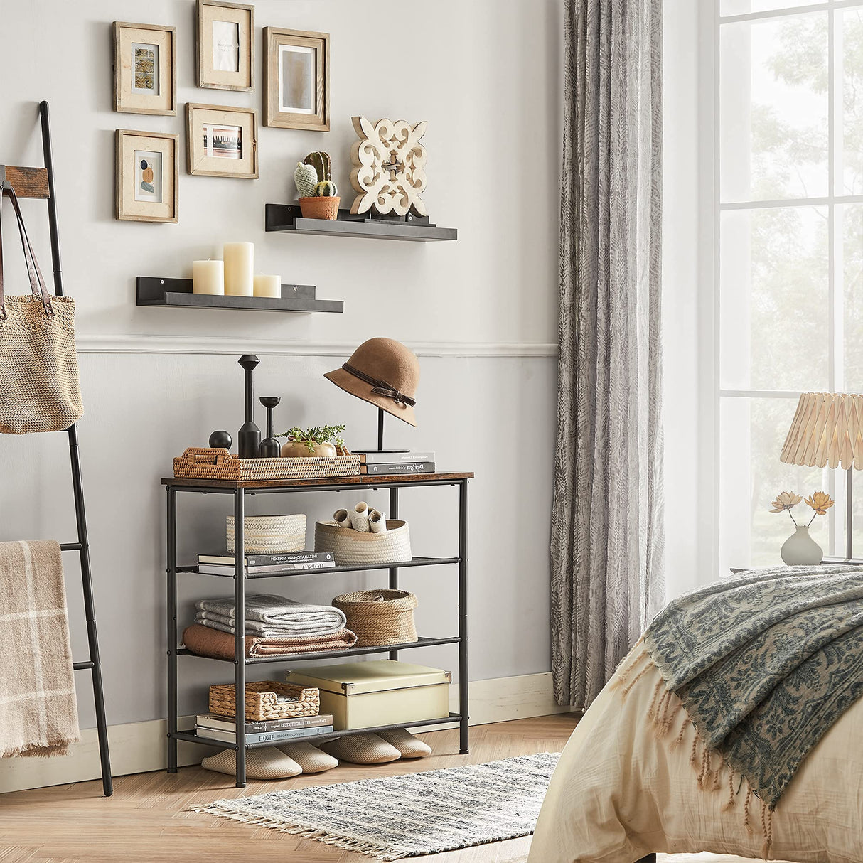 VASAGLE Shoe Rack, 4 Tier Shoe Storage Rack for 9-12 Pairs of Shoes, Shoe Organizer for Entryway, with 3 Fabric Shelves and Wooden Top, Steel Frame, Industrial, Rustic Brown and Black ULBS035B01 VASAGLE