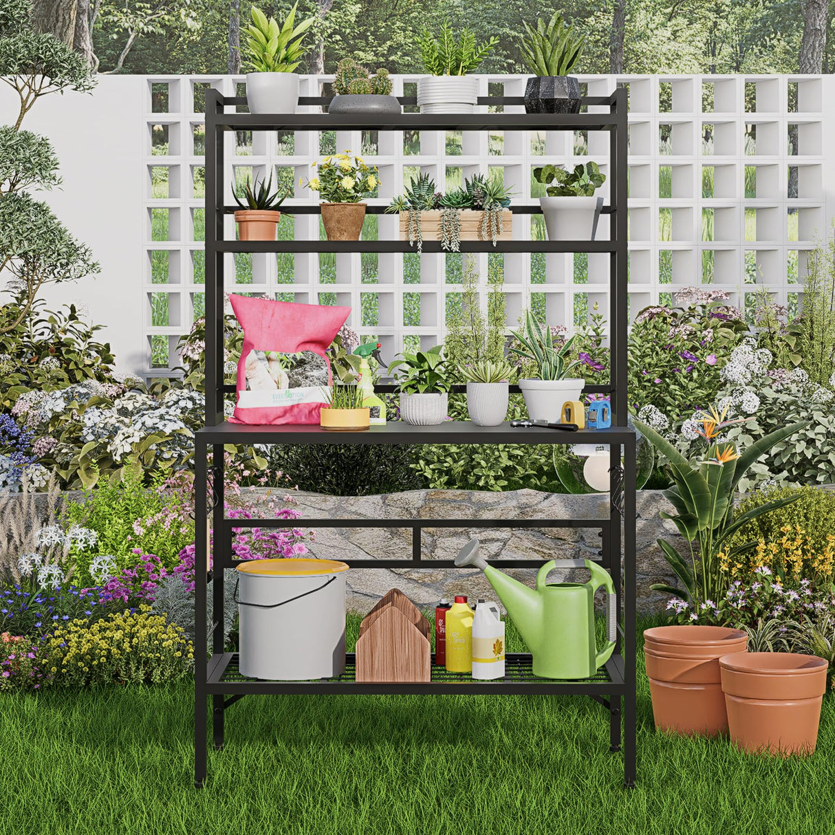FUXJUM 63” Metal Potting Bench&Table with Metal Tabletop, 4-Tier Plant Shelves, 8 Side Hooks, Outdoor/Indoor Gardening Workstation and Plant Stand, Black FUXJUM