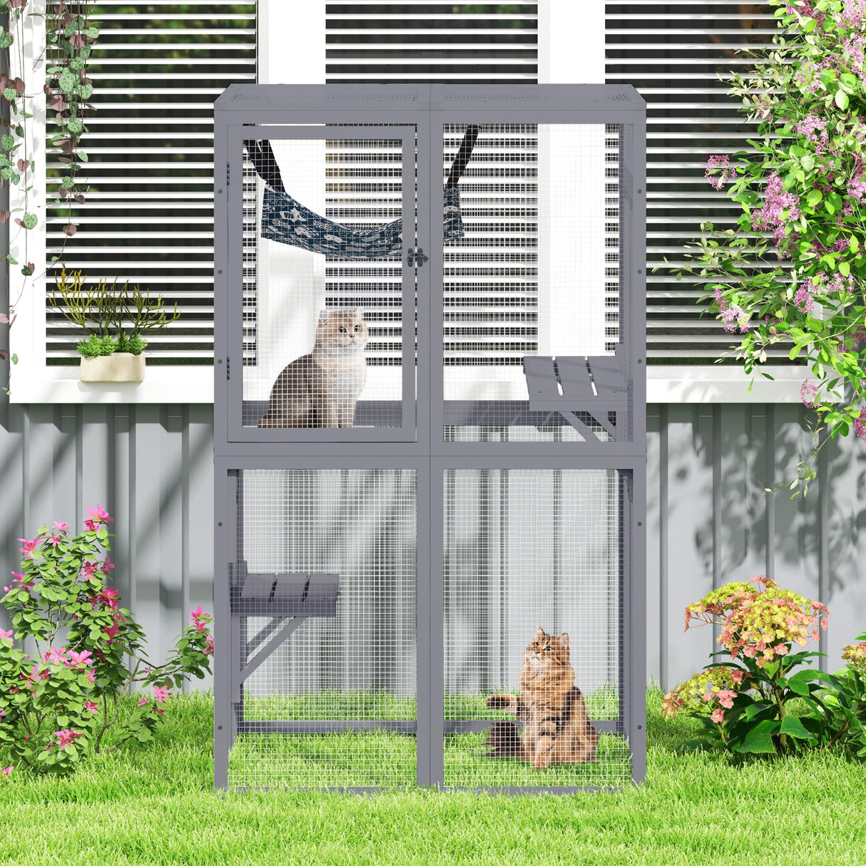 Catio Outdoor Cat Enclosure, Wooden Catio with Window Access for Patio, Indooe Kitty House (Grey) Nyeekoy