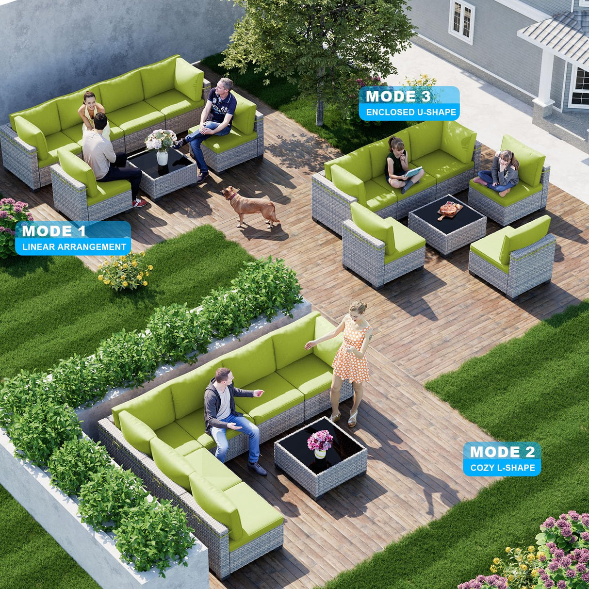 Sweecci 7-Piece Patio Furniture Set, Outdoor Sectional with Thick Cushions, Modular Patio Sofa, Dual-Strand Wicker Rattan, Rust-Resistant Frame, Backyard Furniture for Garden, Deck, Grass Green Sweecci