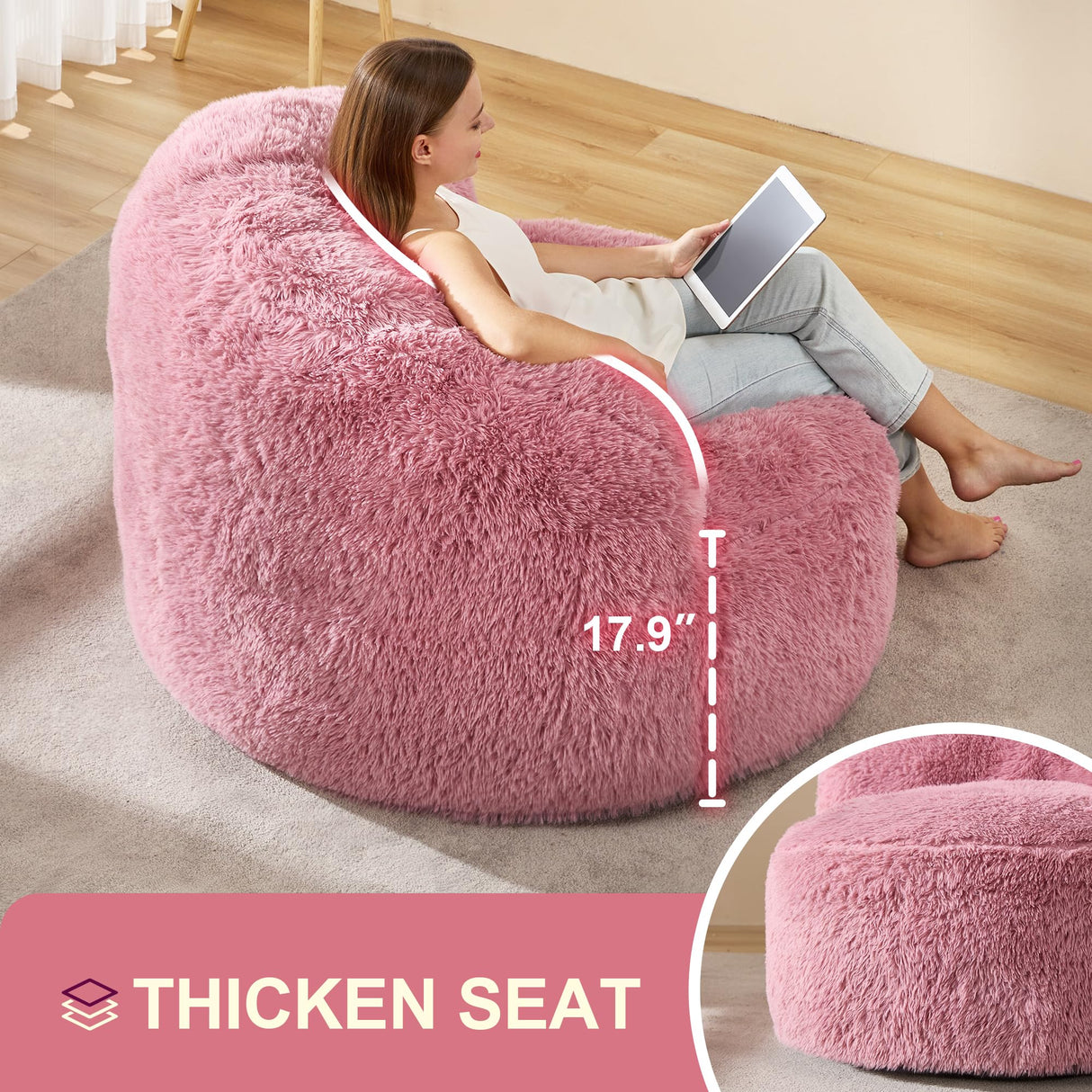 Hobestluk Bean Bag Chair Big Bean Bag Chairs for Adults Giant Adult Bean Bag Chair with Foam Filler Large Beanbags with Stuffed Back Lazy Sofa, Pink -Standard Hobestluk