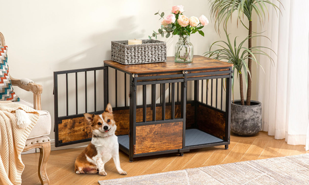 KOOPRO 32 Inch Dog Crate Furniture with Cushion for Large Medium Dogs, Wooden Heavy Duty Dog Kennel with Double Doors, Decorative Pet House Dog Cage Side End Table Indoor, Sliding Door Chew-Resistant KOOPRO