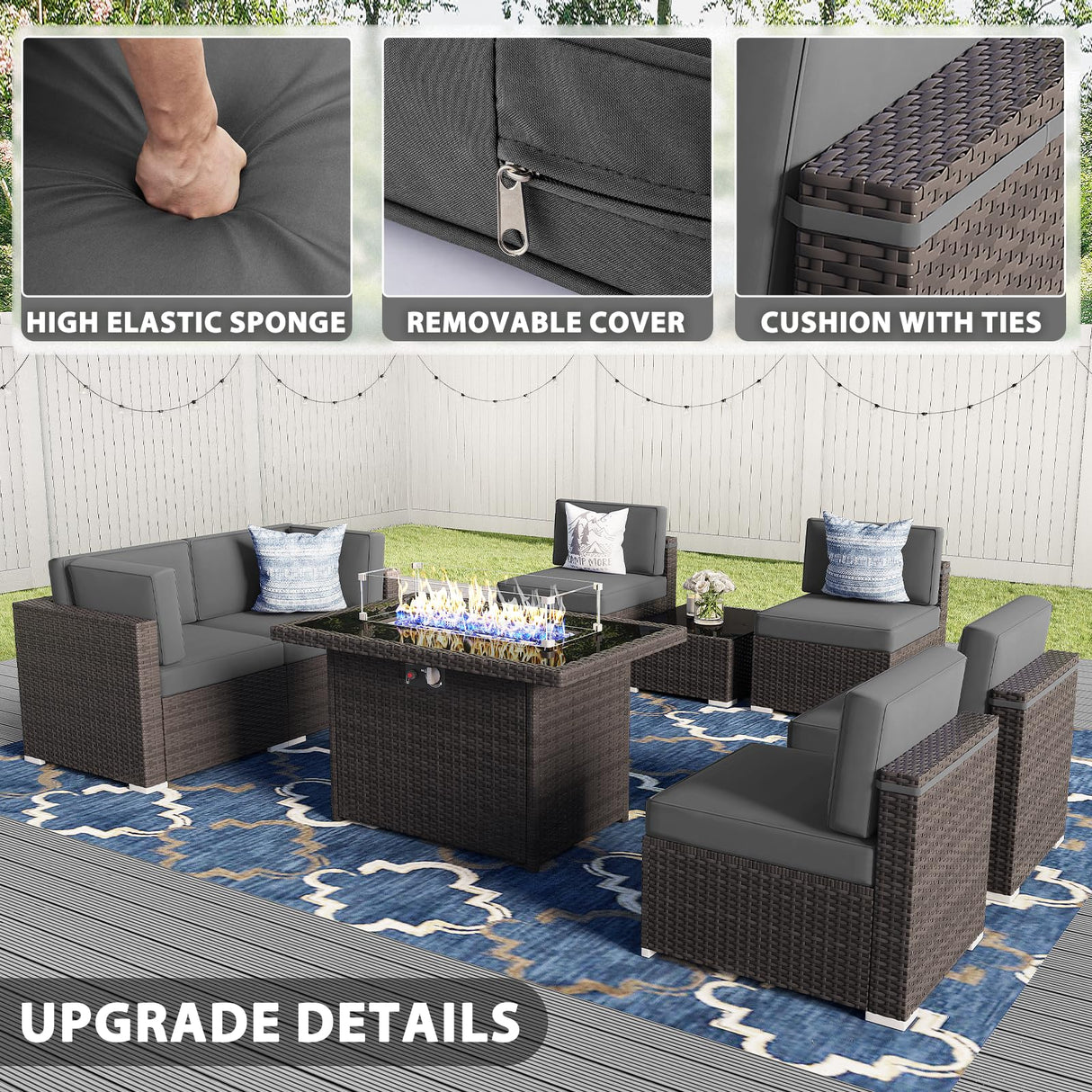 Vakollia 8 Pieces Patio Furniture Set with 44" Propane Gas Fire Pit Table, Outdoor Sectional Brown Rattan Wicker Conversation Sofa Sets with Coffee Table Vakollia