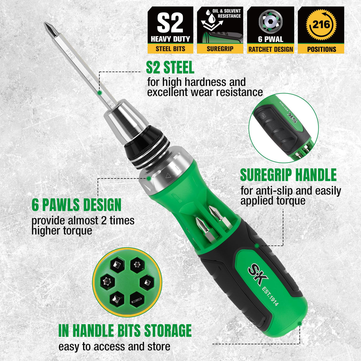 SK 12-in-1 Ratcheting Screwdriver, 216-P, Multi-bit Driver with Quick-Load Mechanism, S2 Steel, with Phillips, Slotted, Star, Square Bits Stored in Handle SK