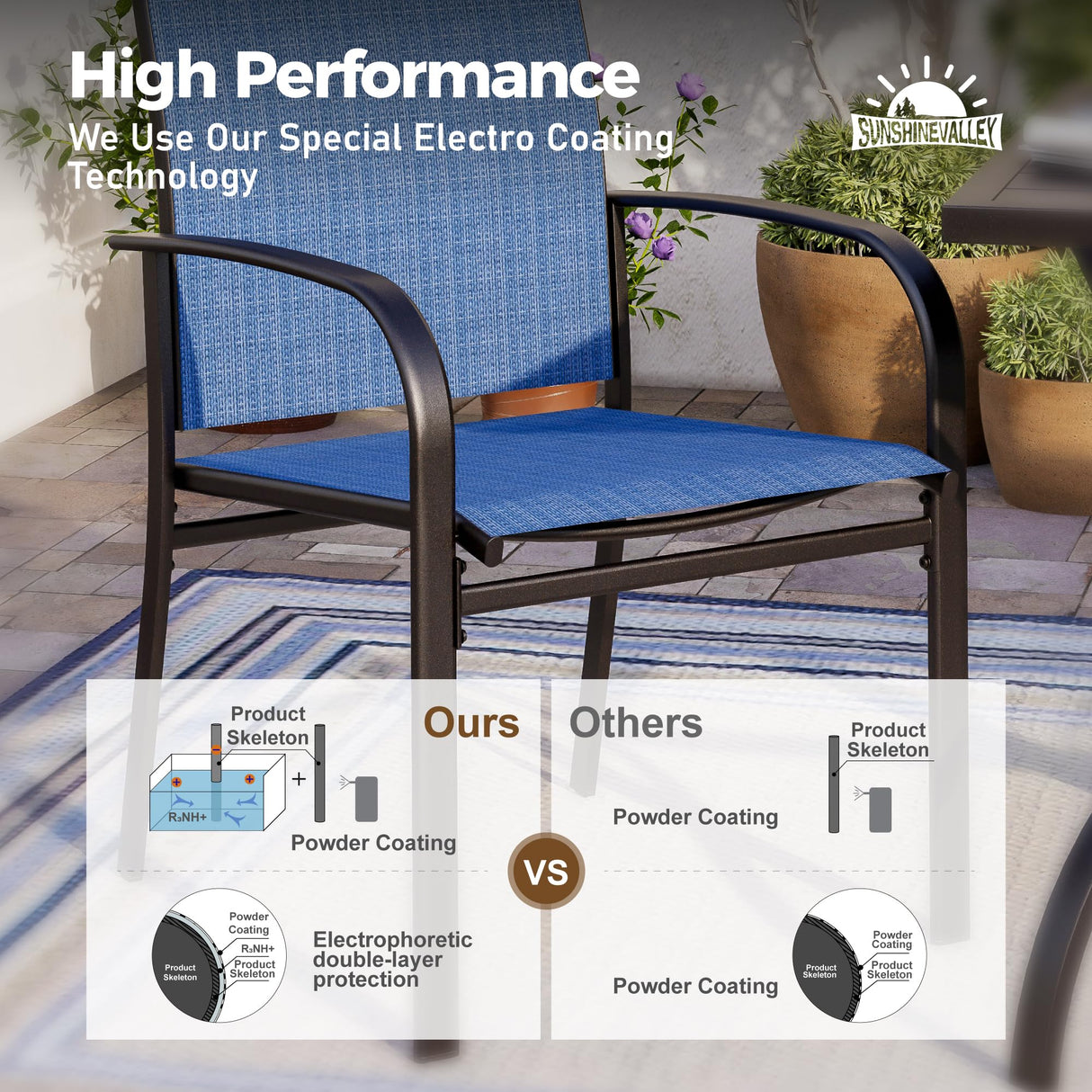 SUNSHINE VALLEY Patio Dining Set for 8, 60" x 60" Square Metal Table with Umbrella Hole, 8 x Stable Dining Chairs, Outdoor Table and Chairs Set for Lawn Backyard and Deck, Blue SUNSHINE VALLEY