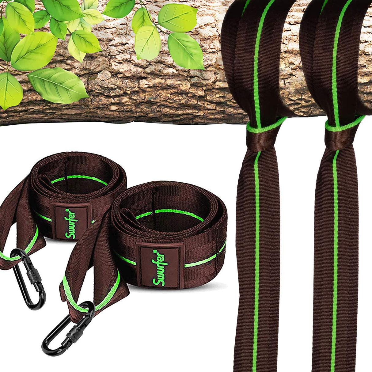 Swurfer Tree Swing Hammock Straps –Hanging Kit for Hammock, Tree Swings, Durable, Weatherproof, Rust Free, Secure Lock Snap Carabiners Included, Weight Limit 2200 lbs Per Strap (3 Feet - 2 Straps) Swurfer